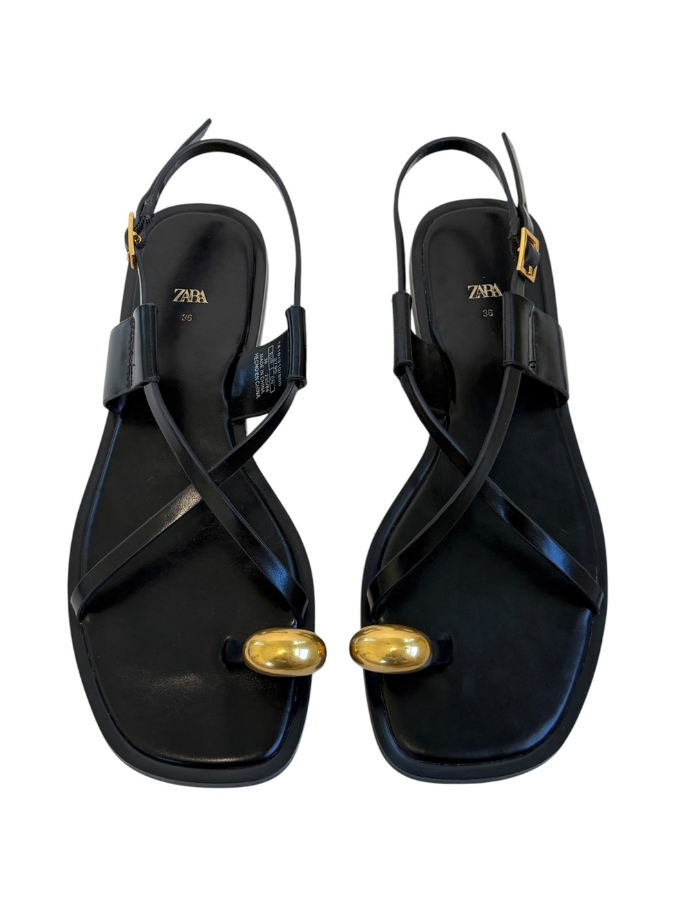 Zara Flat Sandals With Metallic Detail | Black/Gold | Size 36 | NWOT